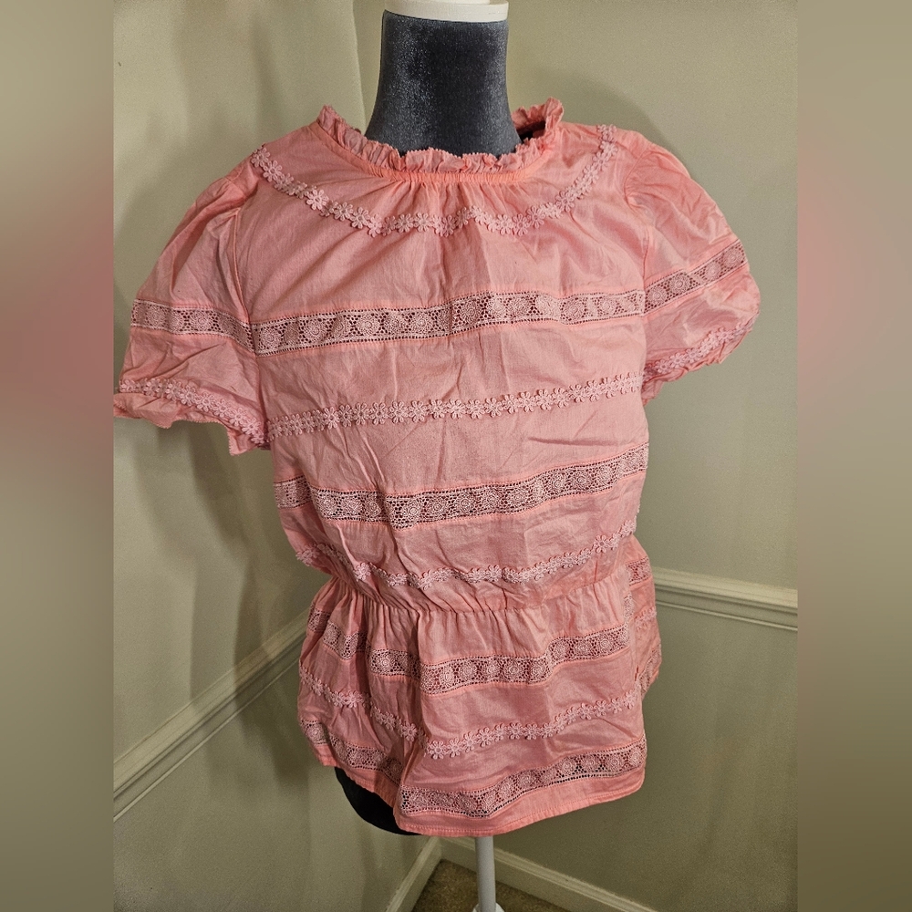 J. Crew Pink Lace Trim Top